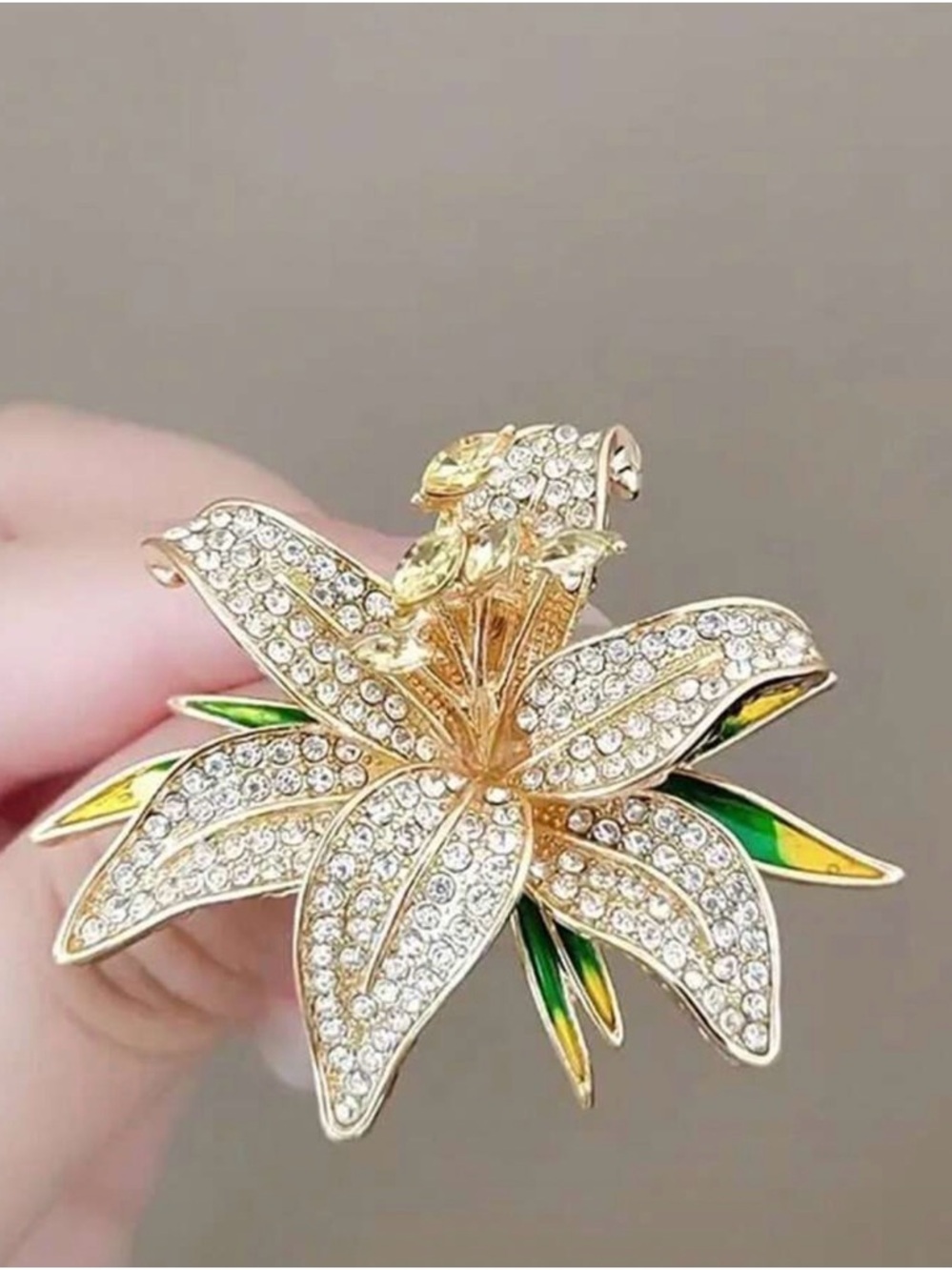Gold Crystal Flower Brooch with Green Accents - Women Jewelry